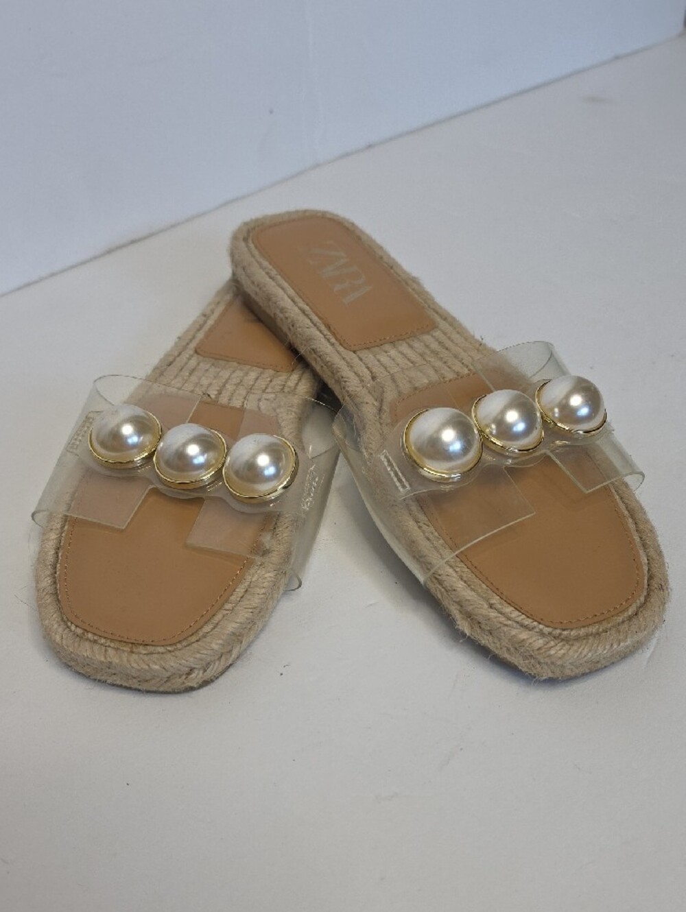 ZARA Clear Pearl-Embellished Slide Sandals in Beige